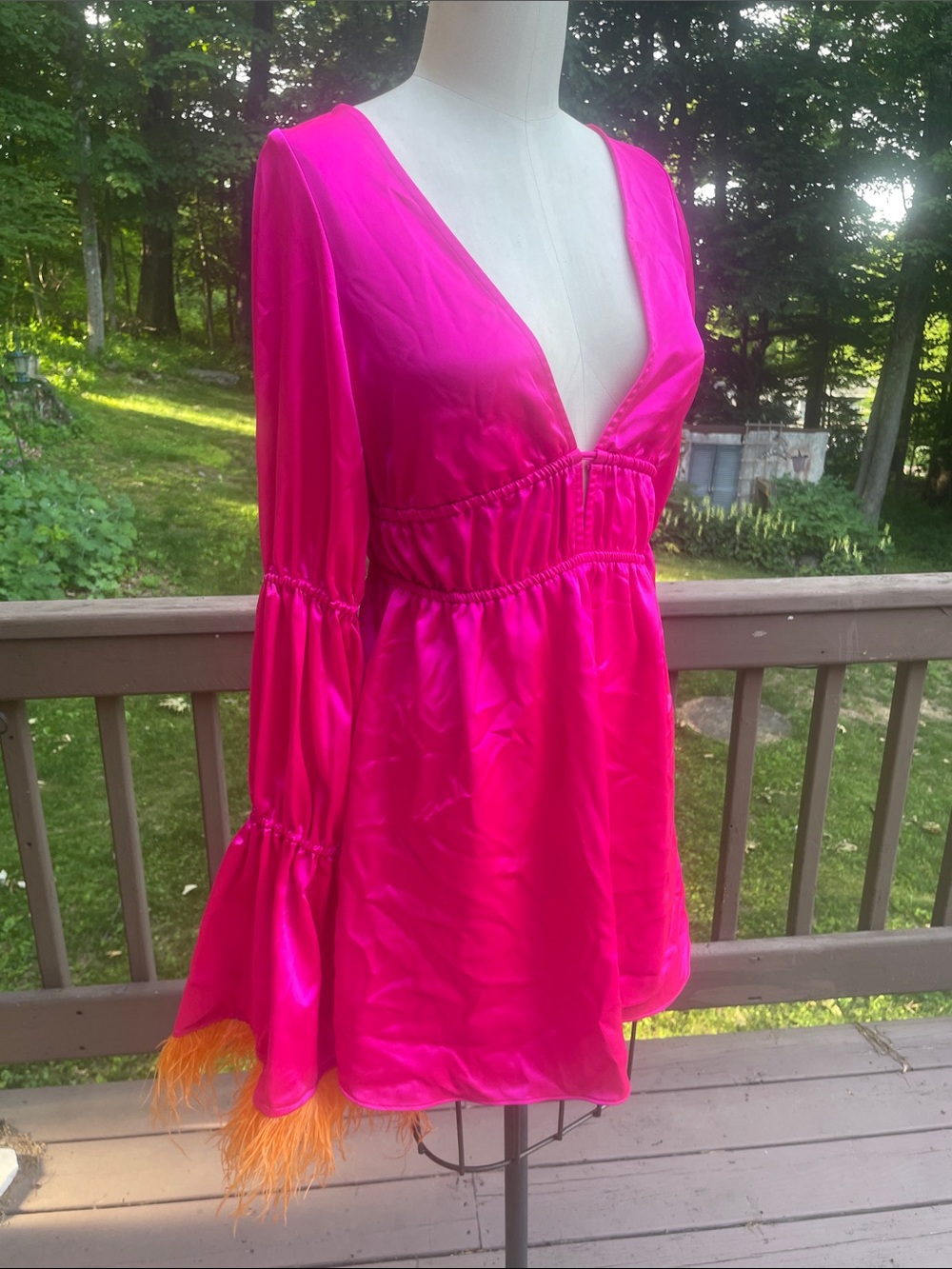 Hot Pink Satin Mini plunge Dress with Feather Cuffs
